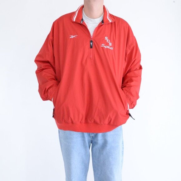 Vintage Reebok Red White Half Zip Nylon Lined Pull Over Windbreaker Jacket Large - Picture 1 of 11